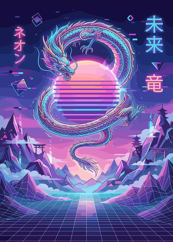 Retro Neon Dragon Landscape