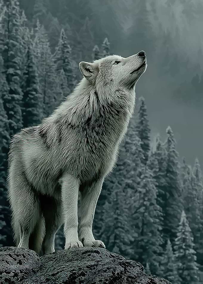 Wolf howling in a snowy forest
