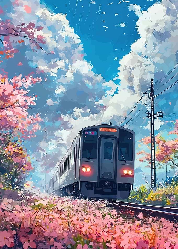 Train passing through cherry blossoms