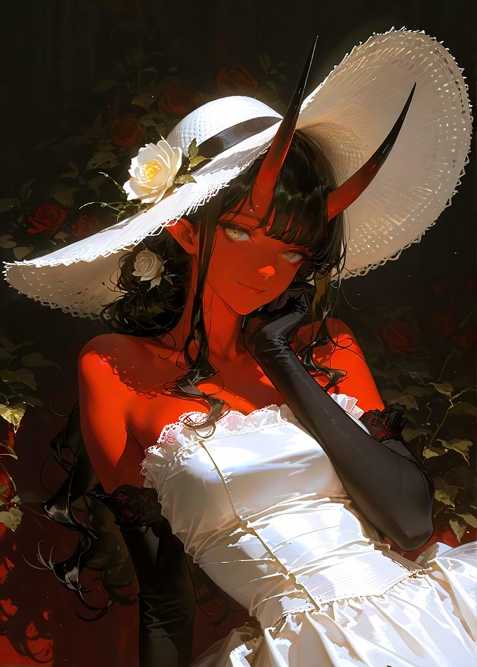 Red-Skinned Oni Woman in White Dress and Hat