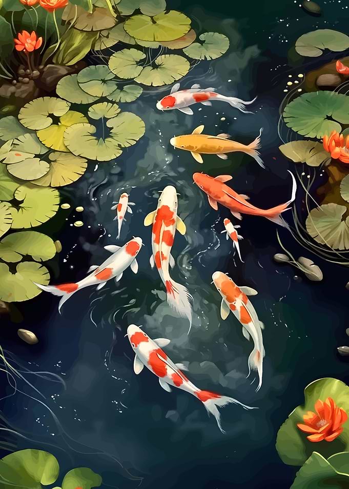 Koi Fish in a Pond with Water Lilies