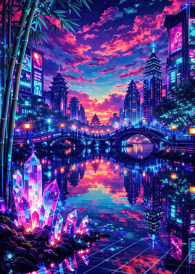 Cyberpunk Cityscape with Crystals