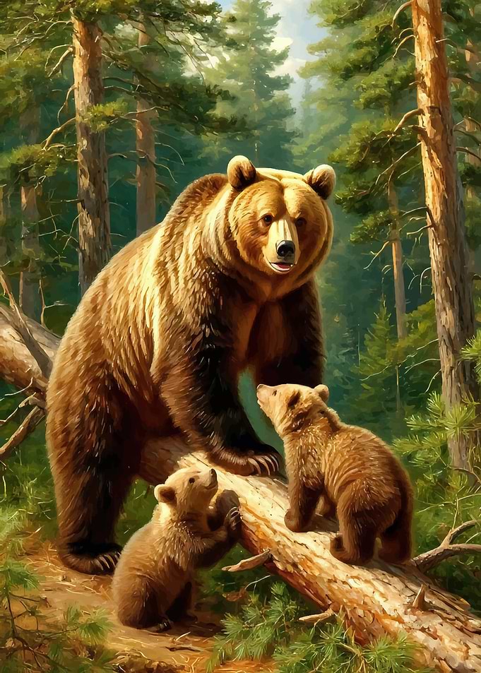 Mother Bear and Cubs in Forest