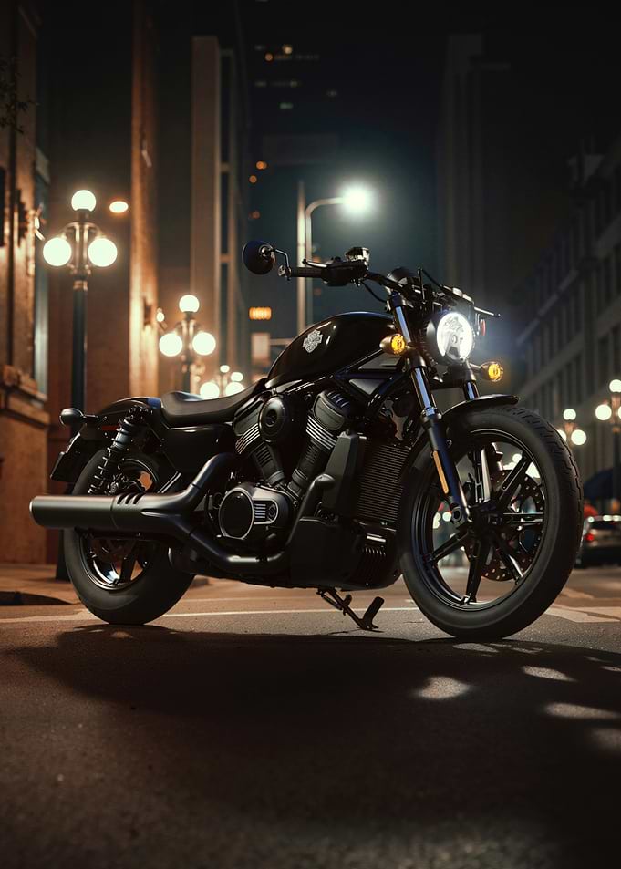 Black Motorcycle on City Street at Night harley davidson