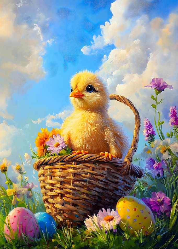 Cute Chick in Easter Basket with Eggs
