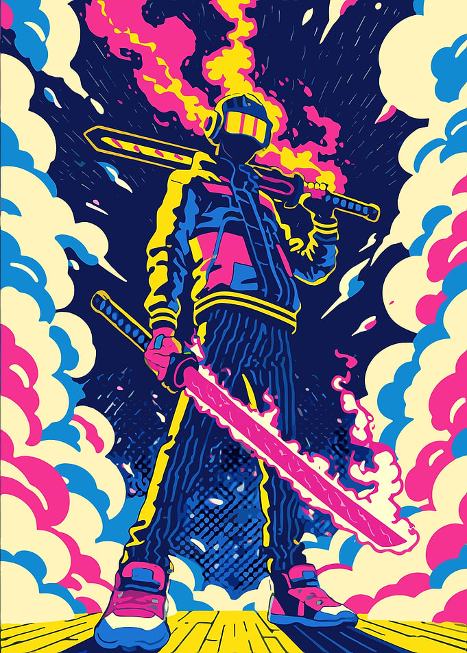 Cyberpunk Samurai with Fiery Katana
