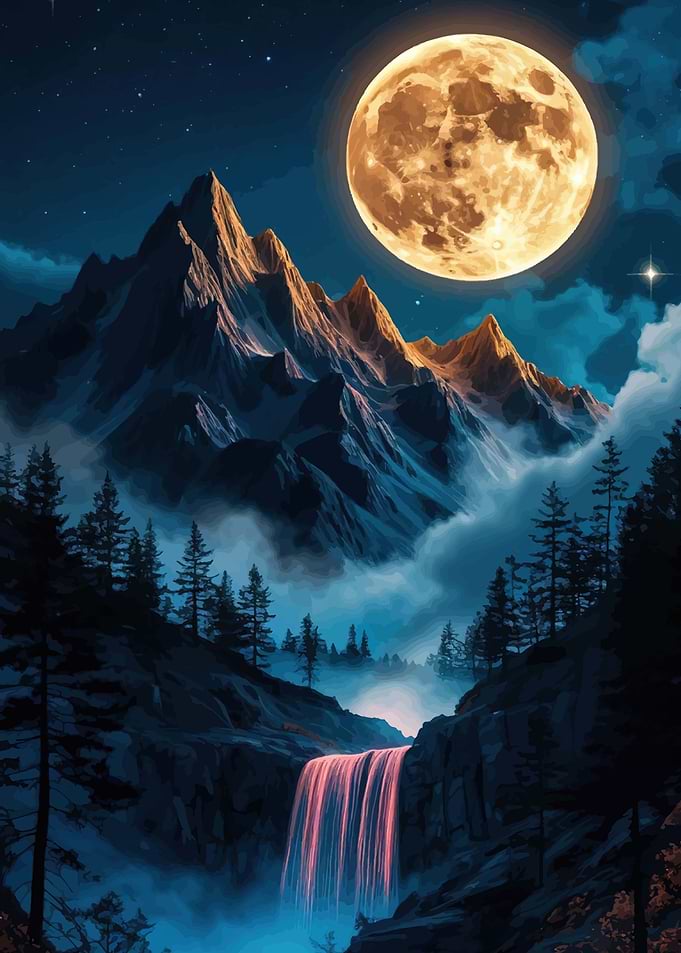 Moonlit Mountain Waterfall