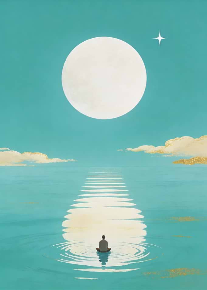 Meditating Figure Under a Large Moon