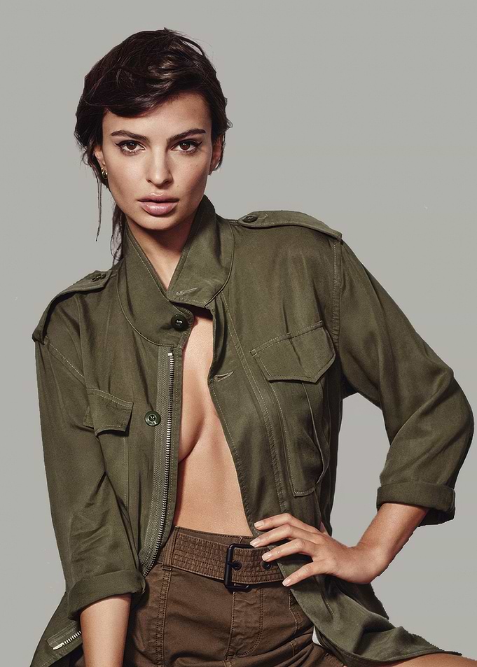 Emily Ratajkowski in Olive Green Jacket and Shorts