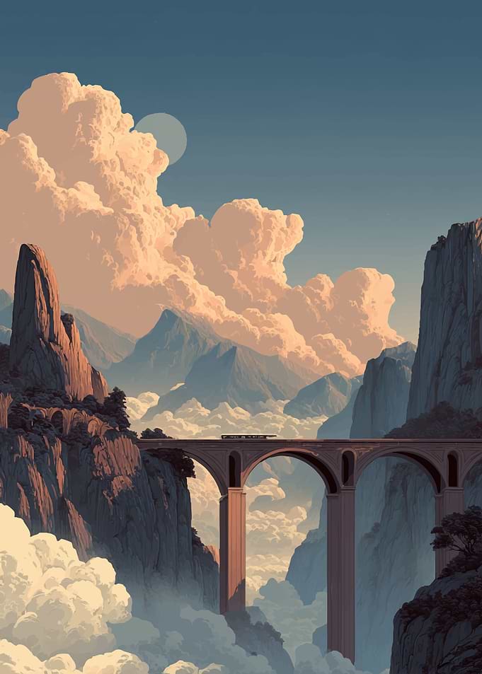 Train crossing a bridge in mountains