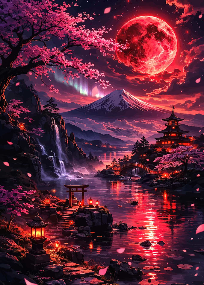 Enchanting Japanese Landscape Blood Moon