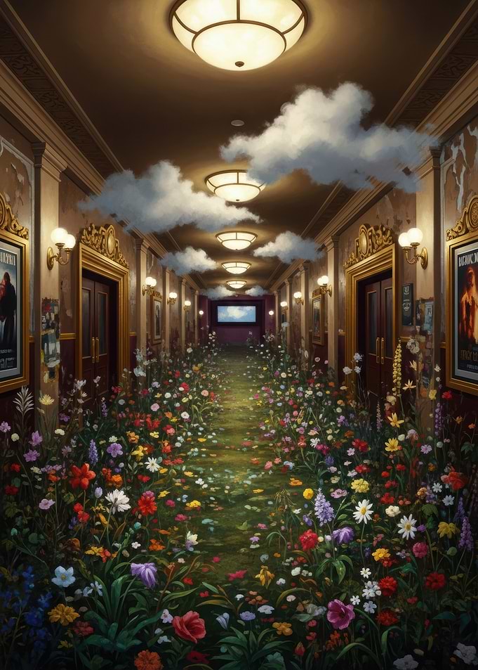 Enchanted Cinema Hallway with Flowers