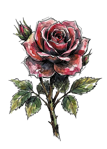 Watercolor Rose with Buds and Leaves
