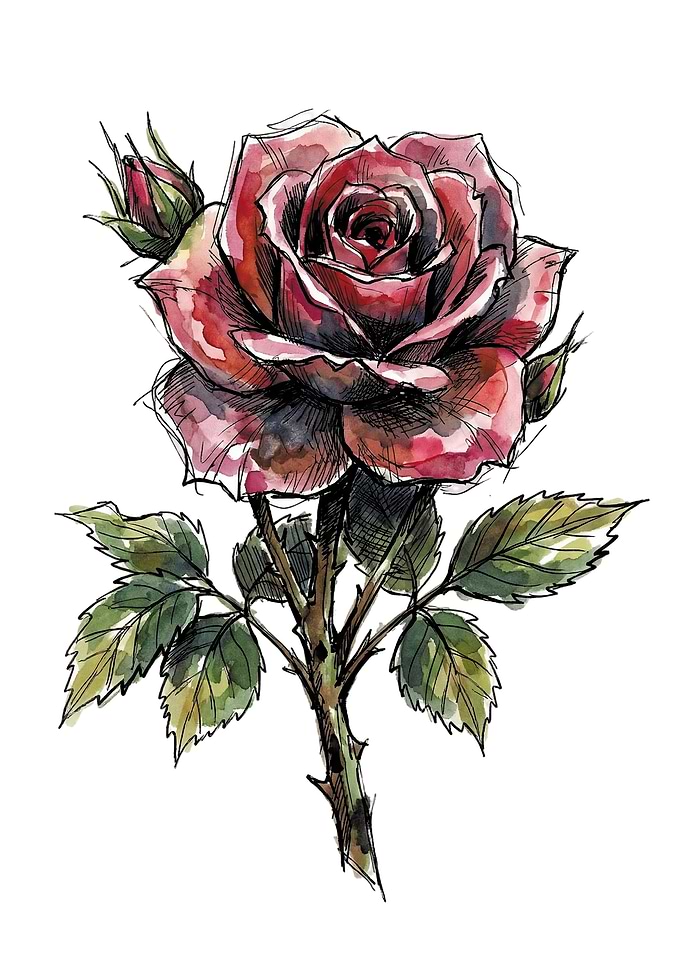 Watercolor Rose with Buds and Leaves