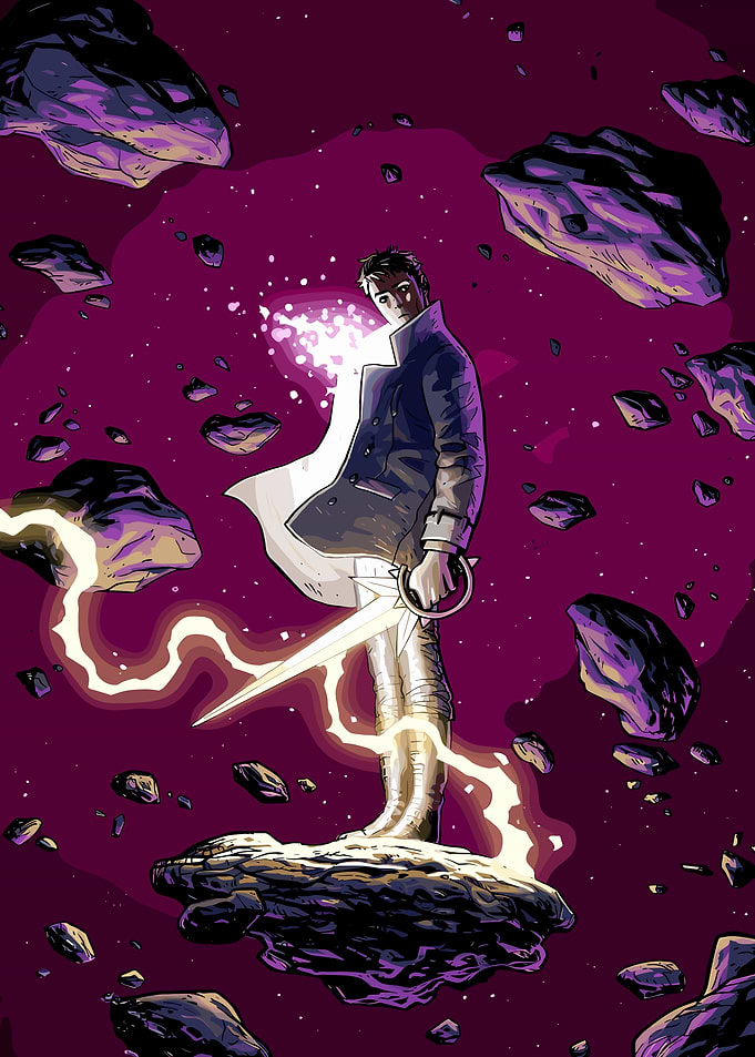Man with glowing sword in space