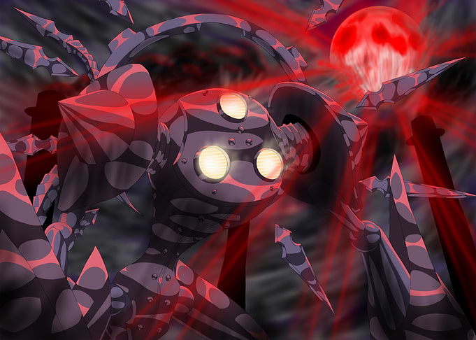 Dark Mechanical Creature with Red Moon