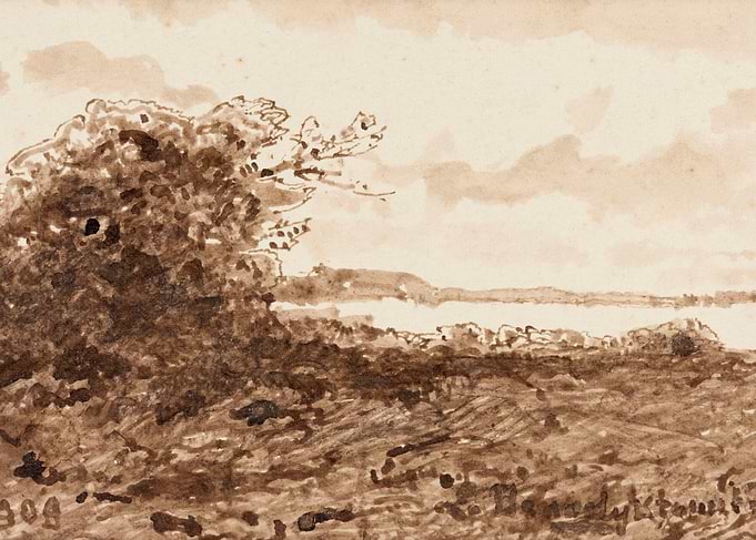 Watercolor Landscape with Trees and Water