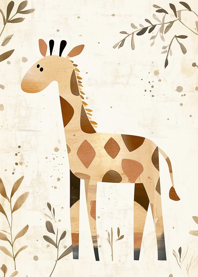 Cute Giraffe with Leaves and Splatters