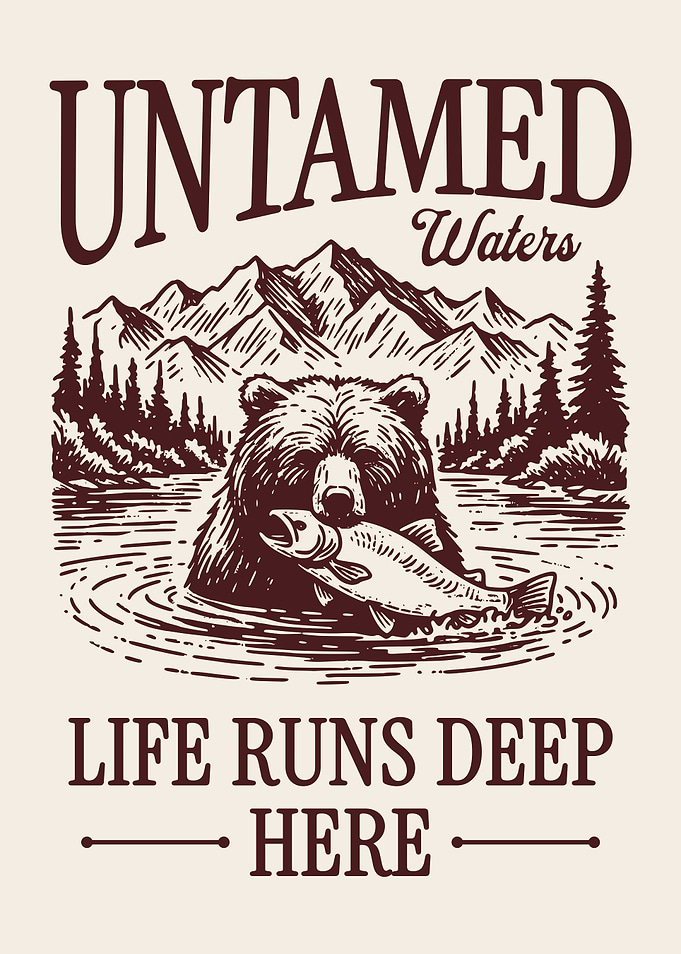 Bear Fishing Poster Vintage Engraving Style Wildlife Nature Wall Art Rustic Cabin Decor