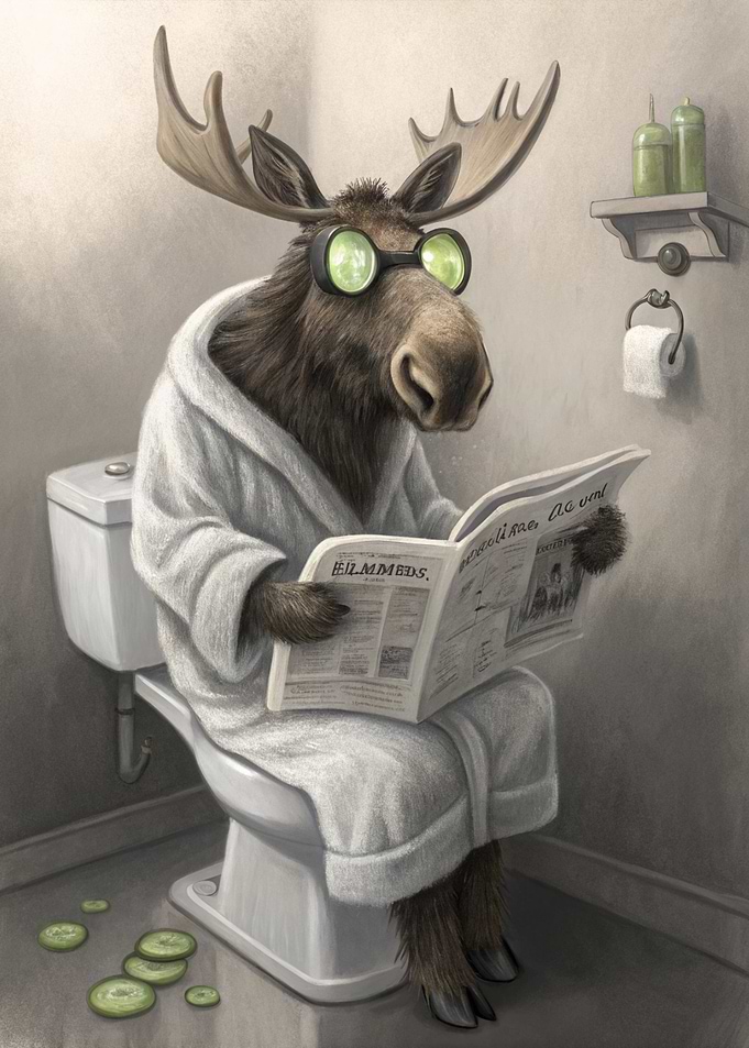 Moose reading newspaper on toilet