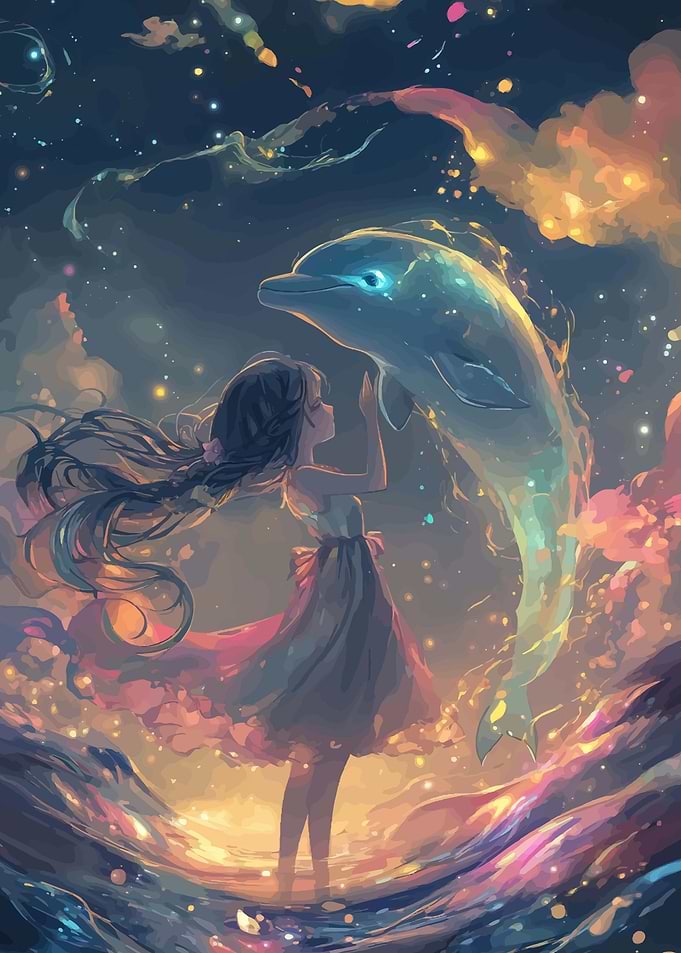 Girl and Dolphin in Cosmic Sea