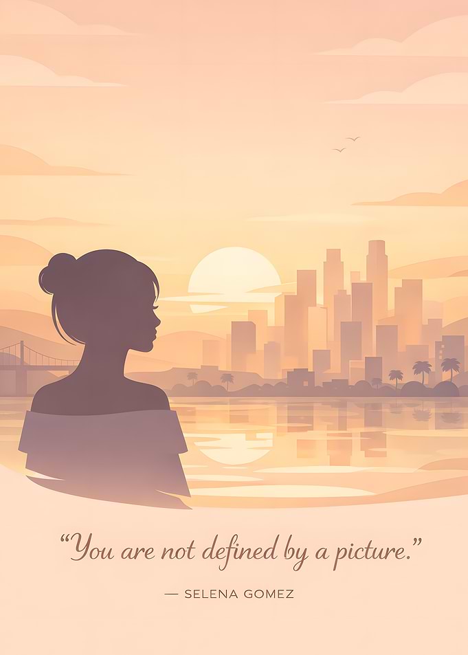 Selena Gomez quote with cityscape sunset