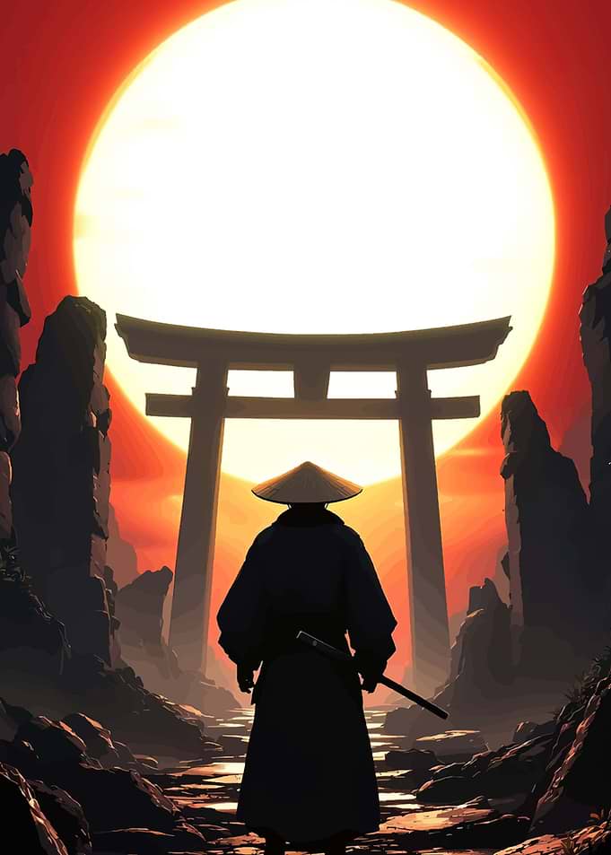 Samurai Before Torii Gate at Sunset