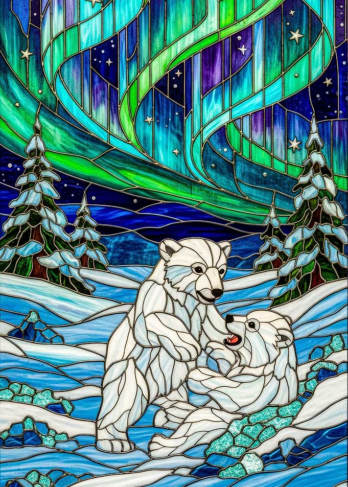 Polar Bears Under Aurora Borealis