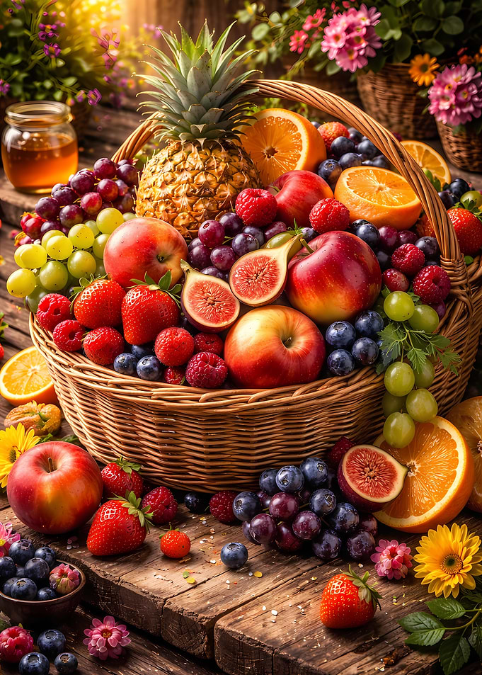 Abundant Fruit Basket on Wooden Table