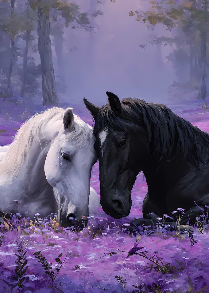 Two horses in a purple field