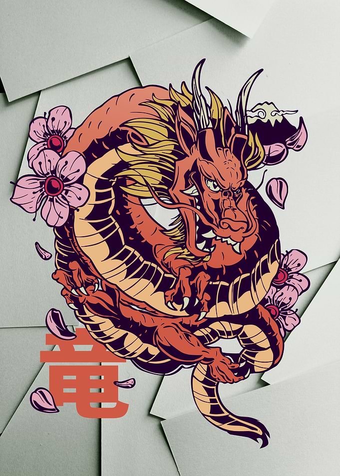 Japanese Dragon with Cherry Blossoms
