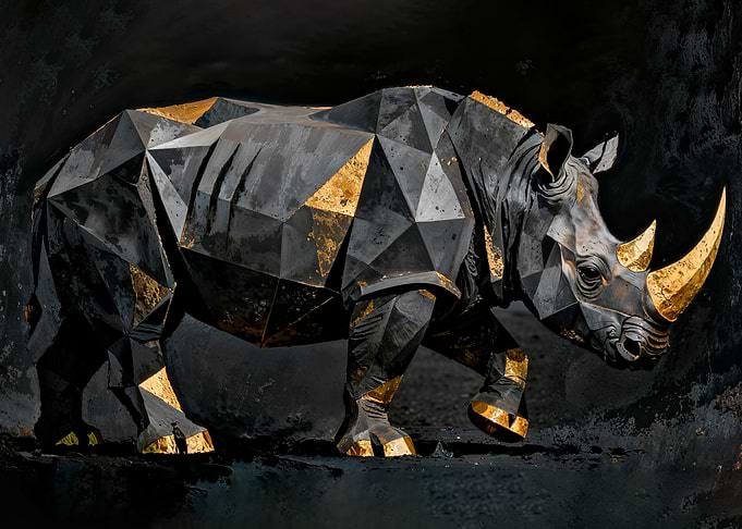 Geometric Gold and Black Rhinoceros Sculpture