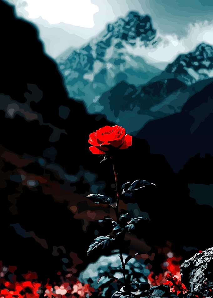 Red Rose in Mountain Landscape