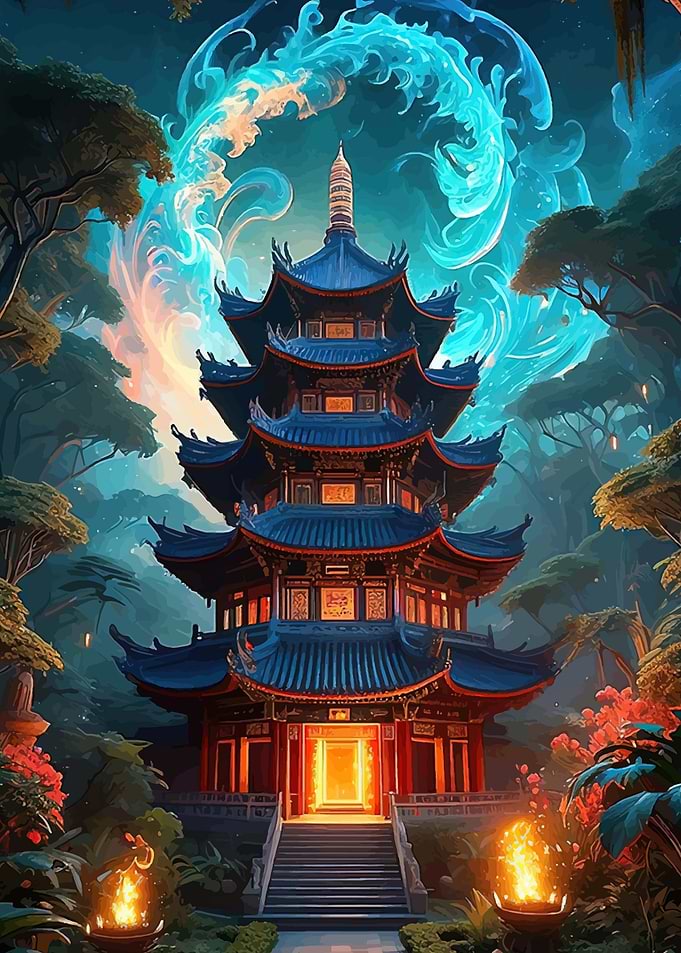 Enchanted Pagoda in Mystical Forest