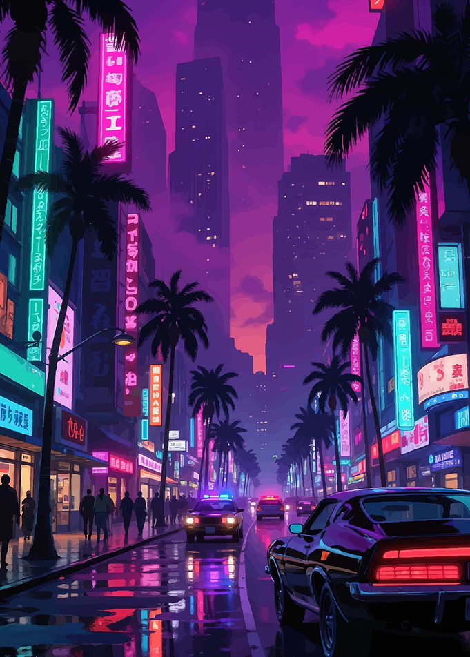 Retro Neon City Street at Night