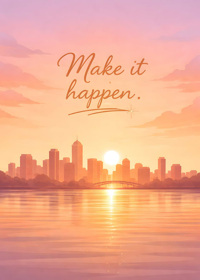 Cityscape at Sunset with Inspirational Text