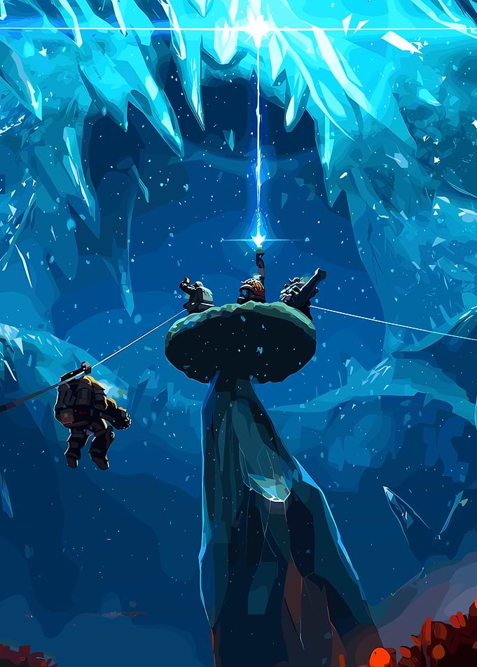 Deep Rock Galactic miners in icy cave