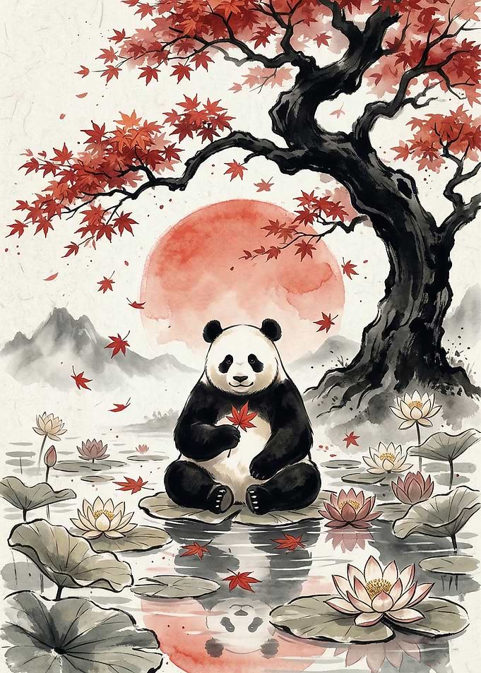 Panda with Maple Leaves and Lotuses