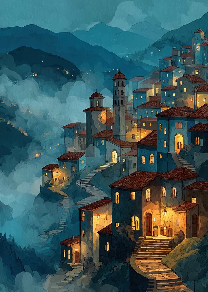 Enchanting Village on a Misty Mountain