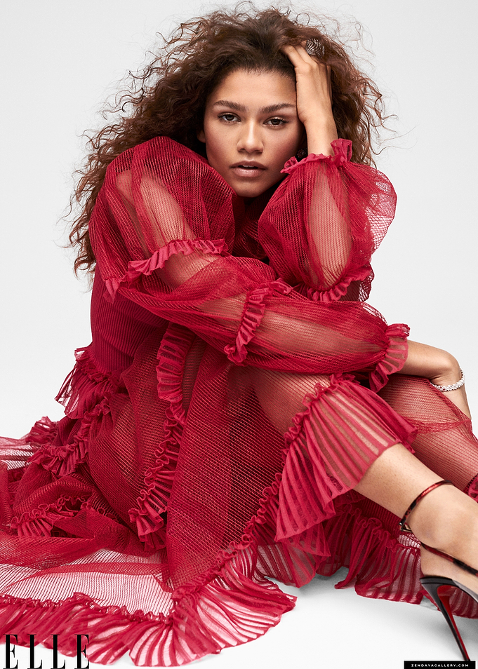 Zendaya in a red ruffled dress