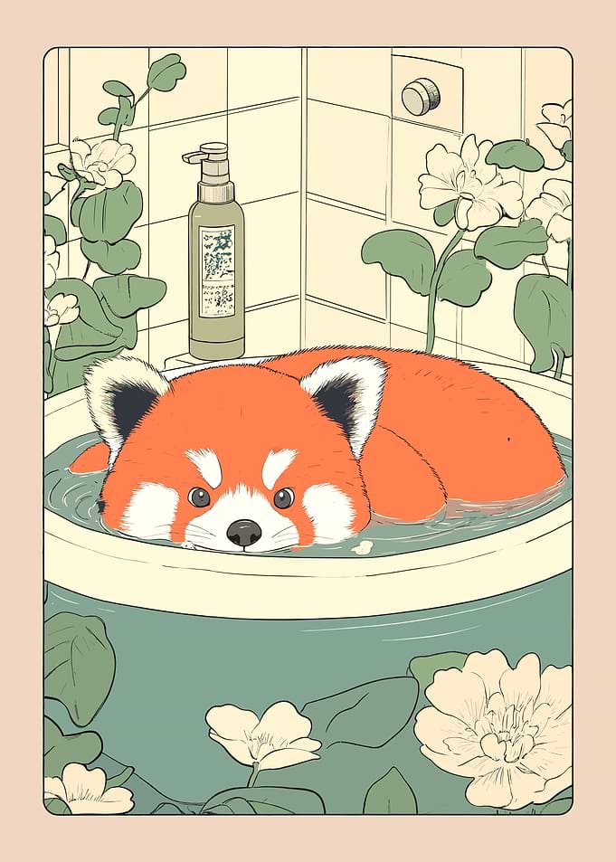 Red Panda Bathing with Flowers