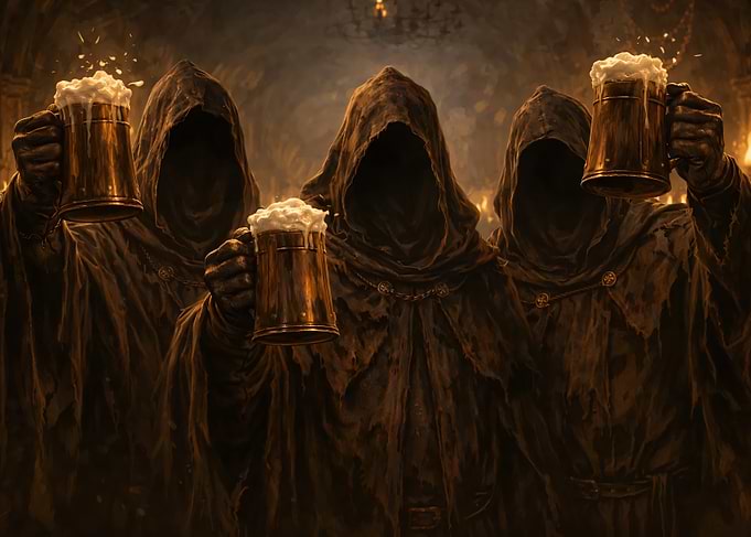 Hooded figures toasting with beer