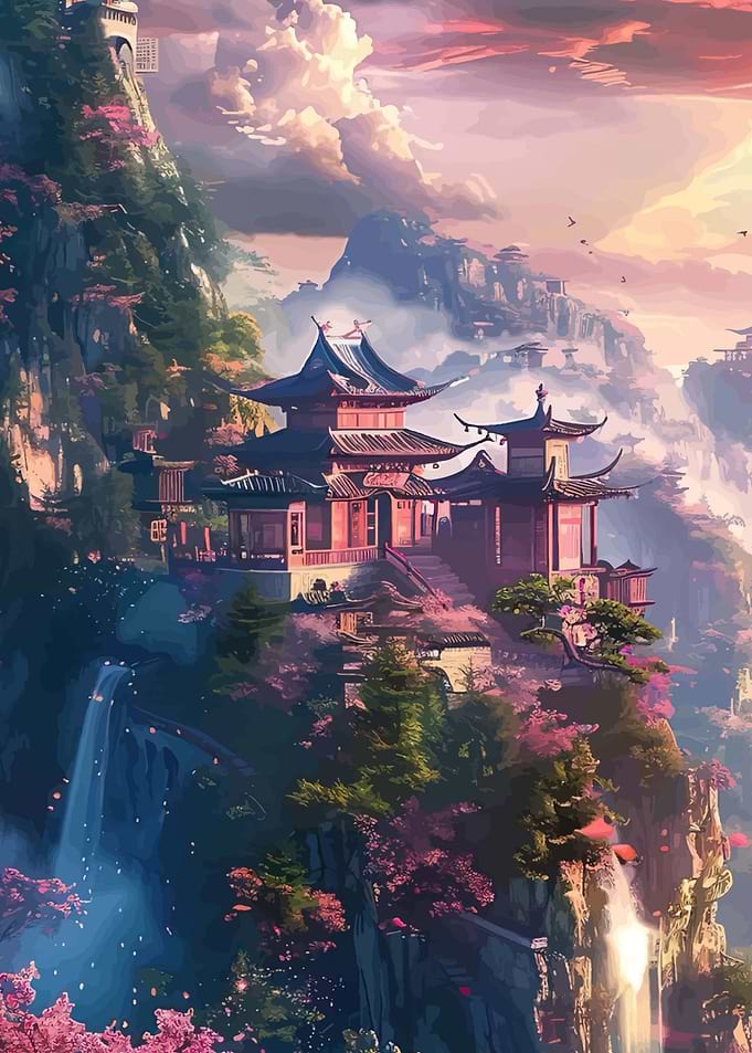Serene Mountain Temple at Sunset