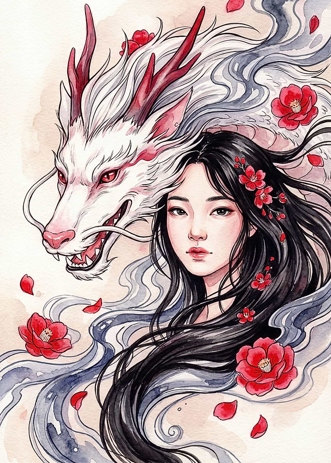 Dragon and Woman with Flowers