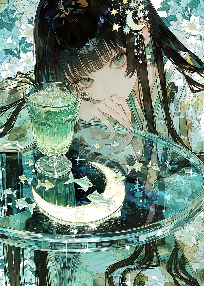 Anime Girl with Moon and Fish