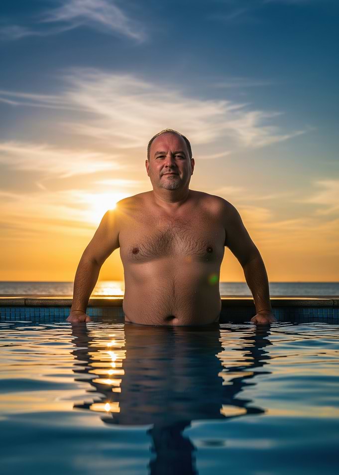 Man in pool at sunset