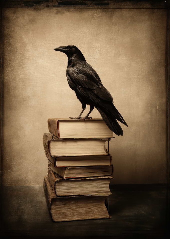 Raven Perched on Stack of Old Books