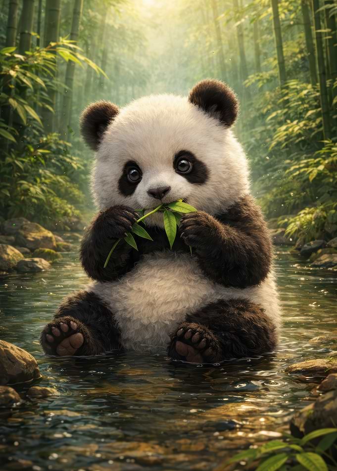 Cute Panda Eating Bamboo in a Stream