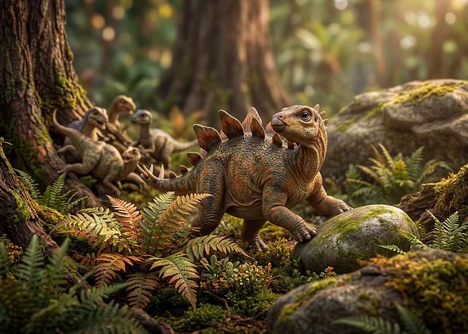 Stegosaurus and young dinosaurs in forest