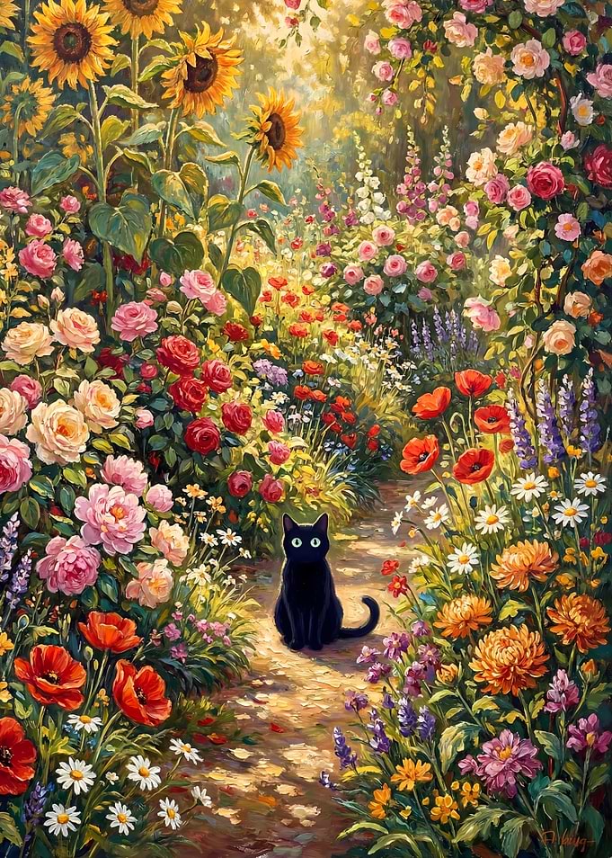 Black Cat in a Floral Garden